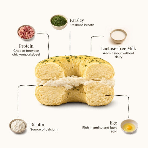 An infographic-style product image showing a sliced bagel with a thick white cream filling and green herb garnish, surrounded by callout lines and ingredient labels: parsley, lactose-free milk, protein, ricotta, and egg, on a light cream background.