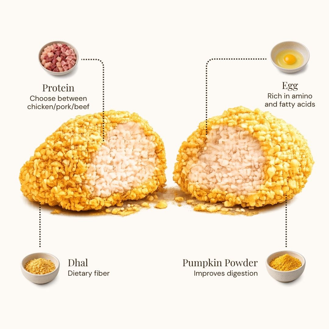 An infographic-style product image showing two halves of a golden-brown crispy snack or fried treat with a pale beige filling, labeled with ingredient callouts including protein, egg, dhal, and pumpkin powder on a light beige background.