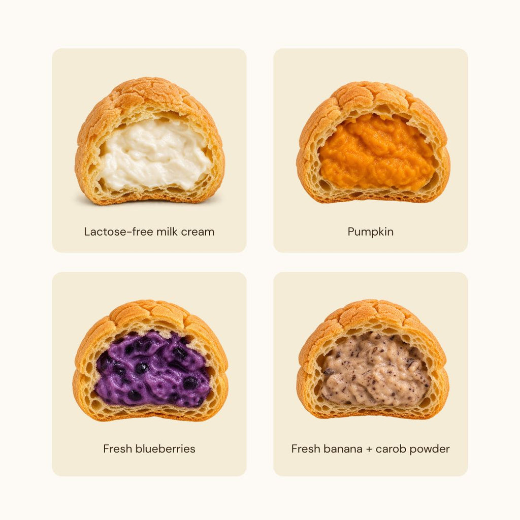 Four pastry options arranged in a 2x2 grid on a light cream background, each with a photo of a sliced golden pastry and a label underneath: Lactose-free milk cream, Pumpkin, Fresh blueberries, and Fresh banana + carb powder.