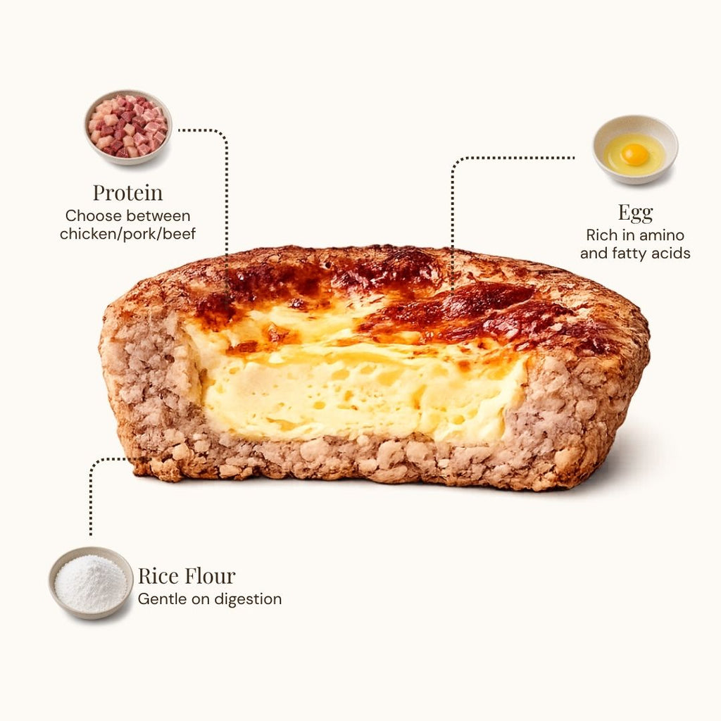 A cross-section of a rice cake stuffed with a creamy yellow egg filling, shown on a light beige background with callout labels pointing to protein, egg, and rice flour ingredients.