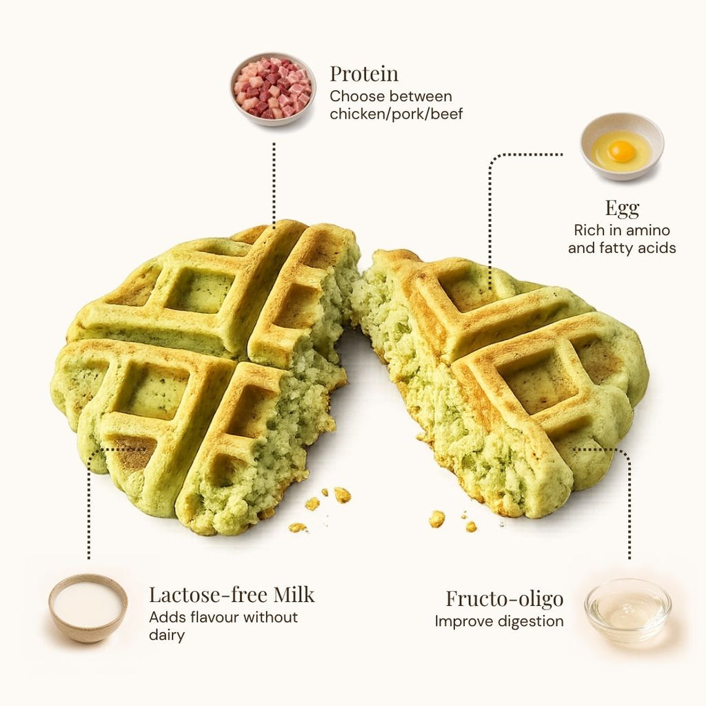 A split waffle-style protein cookie with greenish interior and golden-brown grid texture, shown on a light beige background with callout labels for protein, egg, lactose-free milk, and fructo-oligo ingredients.