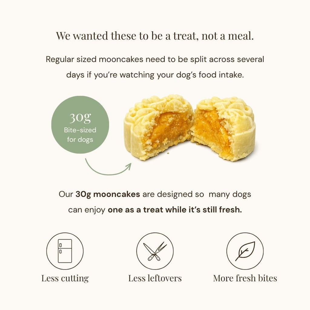 An informational product graphic for dog mooncakes on a light cream background. The text explains that the treats are bite-sized and designed to be eaten as a single snack rather than a full meal.