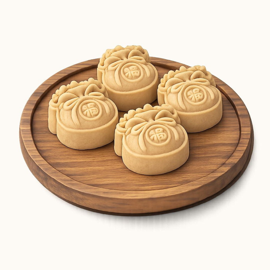 Five round golden-beige mooncakes with embossed Chinese characters, arranged on a round wooden serving tray against a clean off-white background.