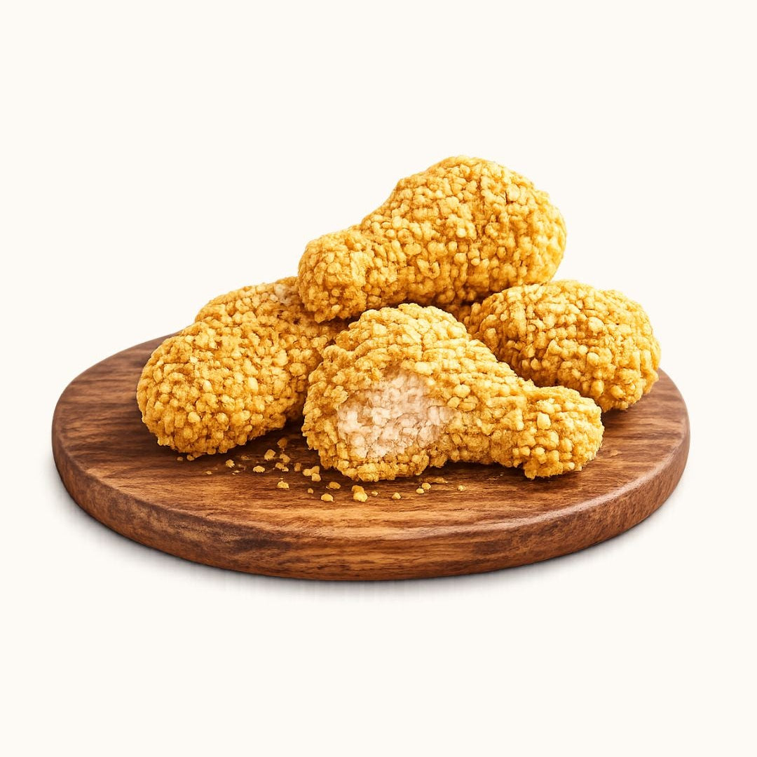 Four golden-brown, sesame-breaded chicken drumsticks are arranged on a round wooden serving board against a clean, off-white background.