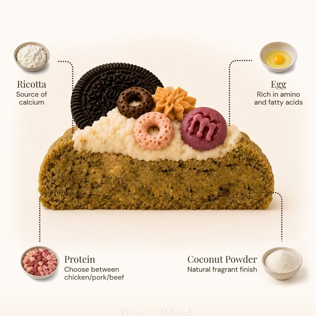 A slice of green cake topped with Oreo-style cookies, a swirl cookie, a pink donut, and a purple cookie, shown on a light beige background with ingredient callouts and text labels.