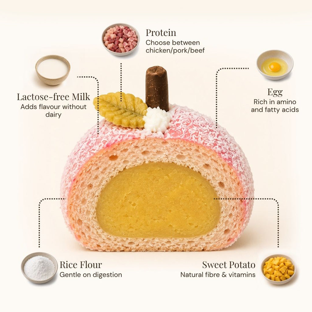 An infographic-style product image showing a pumpkin-shaped baked good with callout labels pointing to its ingredients: lactose-free milk, rice flour, sweet potato, and a protein filling option. The product is centered on a light cream background with small ingredient bowls around it.