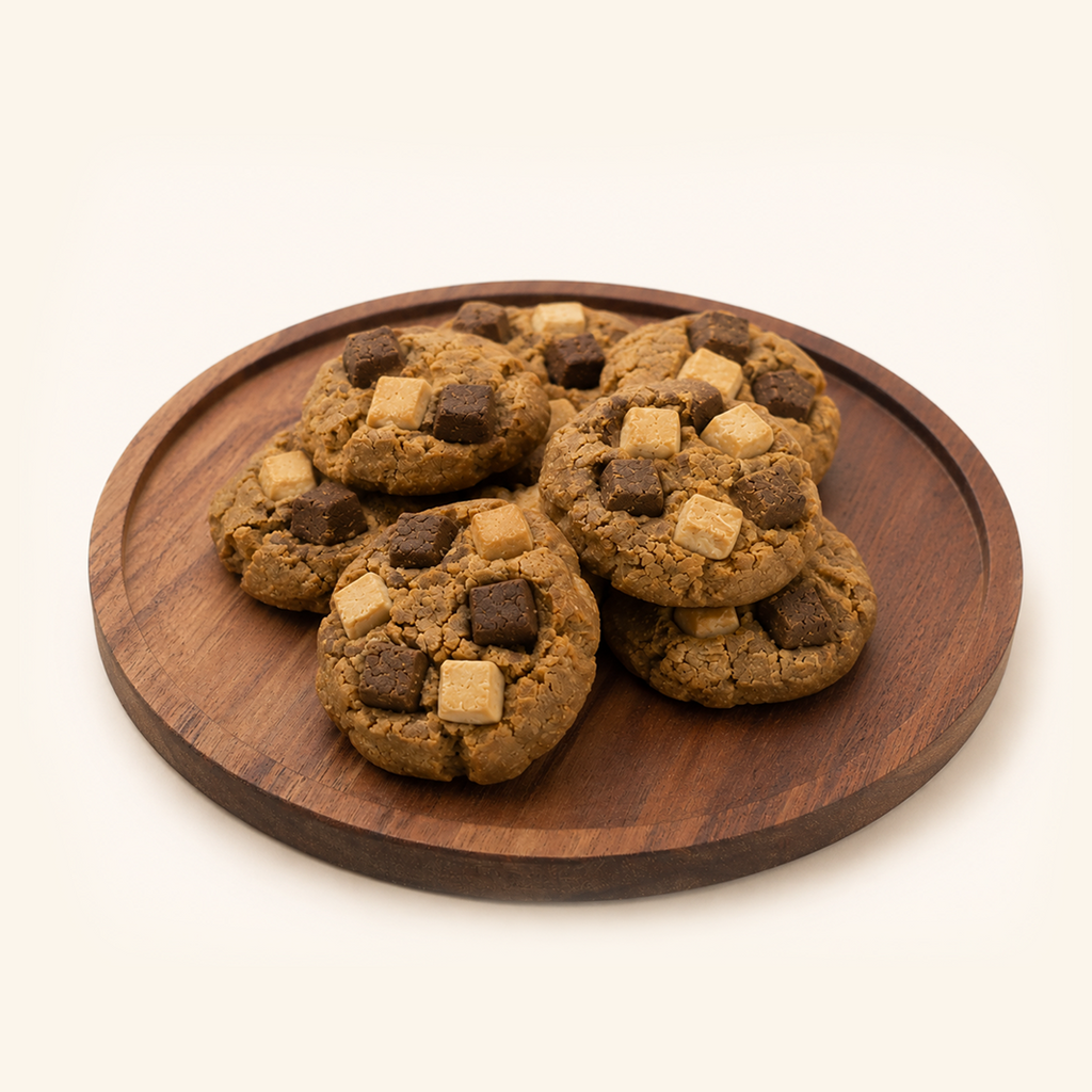 Five chocolate chip cookies with dark and milk chocolate chunks, arranged on a round wooden serving board against a clean off-white background.